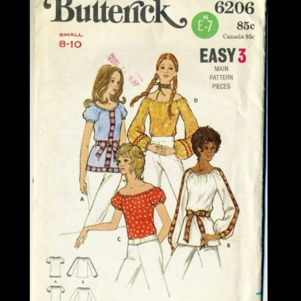 Vintage Butterick 6206 Hippie, Retro Peasant Tops Misses Small 8-10